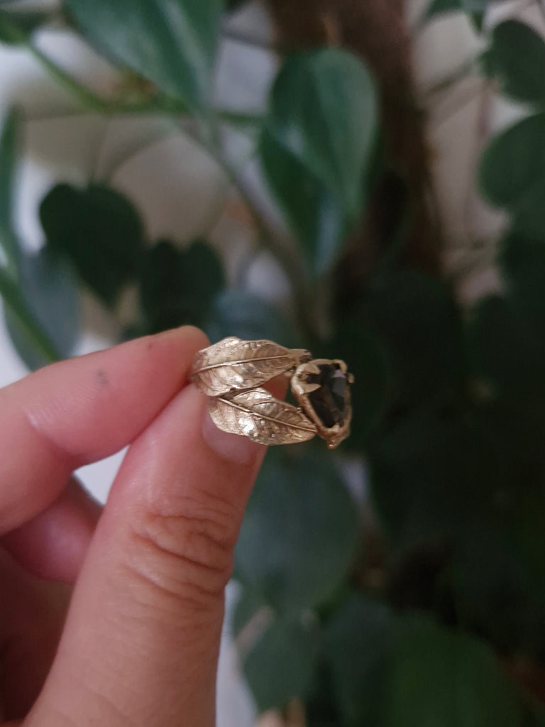 Solid gold Ayahuasca lwaf ring with faceted trillion smokey quartz 
